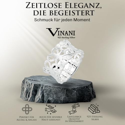 Vinani Damen Sterling-Silber Ring – Massiv gebürstet, filigranes Blumenmuster, nickelfrei & antiallergisch, handgefertig