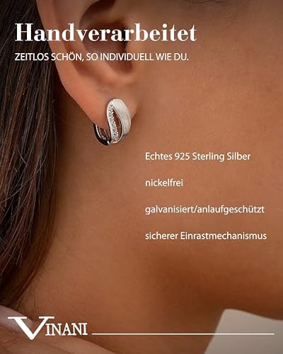 Vinani Damen Ohrringe 925 Silber - Klapp-Creolen mattiert Zirkonia weiß - Trendig für Frauen - 2CZR
